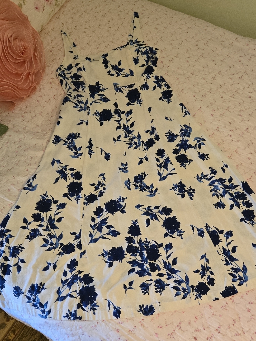 Old Navy Blue and Off-White Linen Sundress Size L Tall